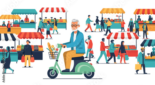 Man on scooter in market with people and colorful stalls