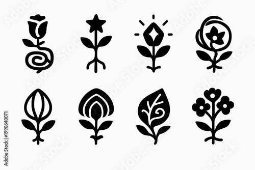 Mystical Plant Icons. Mystical plant fusions. Filled icon set of mystical plant fusions: root spiral bloom,