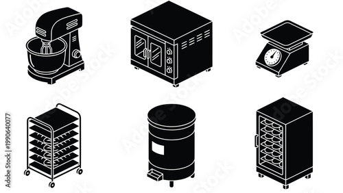 Isometric Black Icons Set of Commercial Bakery and Kitchen Equipment: Mixer, Oven, Scale, Rack, Bin, Refrigerator