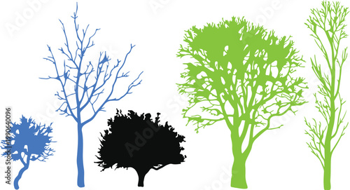 Silhouettes of Trees: A collection of various tree silhouettes. Each tree displays unique characteristics, providing a visual representation of the diverse forms found in nature.