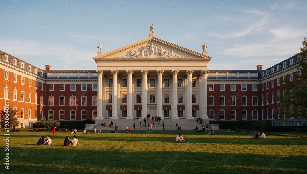Fototapeta premium Classical educational institution building with grand facade and columns, emphasizing academic heritage, learning and campus life