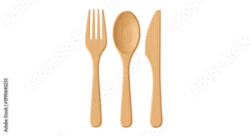 Wooden cutlery set including fork, spoon, and knife on white background