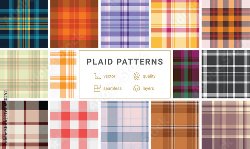 Seasonal plaid bundle year round marketing. Flexible tartan styles adapt campaigns easily. Vector structure allows reuse.