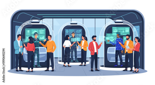 Commuters waiting on a train platform with people inside train cars