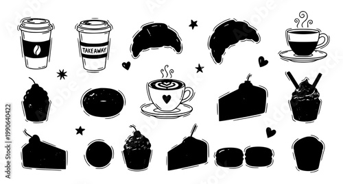 Cute hand drawn coffee and dessert doodle set with pastries drinks and sweet bakery elements in pastel style