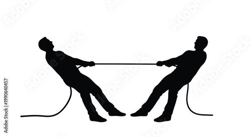 Two men engaged in a fierce tug of war competition a dramatic silhouette