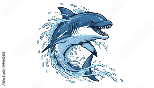 A cartoon shark jumping out of the water with a fierce expression