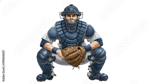 A cartoon baseball catcher in full gear crouching down with a glove
