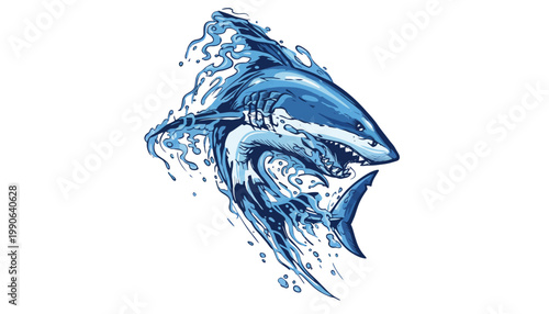 A powerful blue shark jumping out of the ocean water