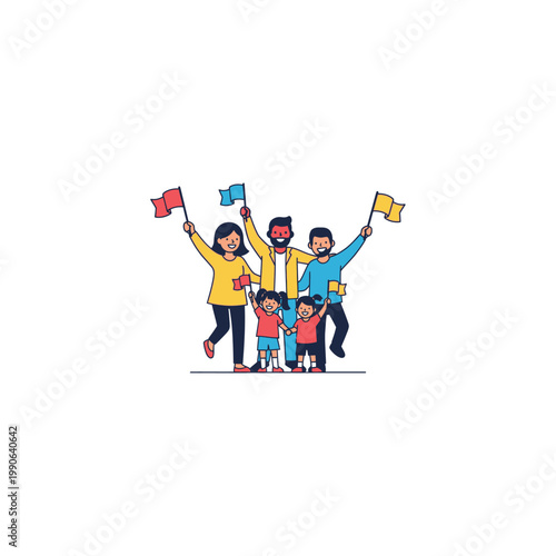 A diverse family of five cheerfully wave flags in celebration together outdoors