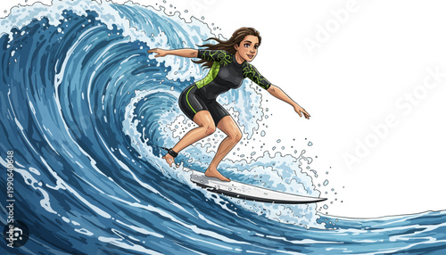 A woman in a wetsuit surfing on a large wave in the ocean