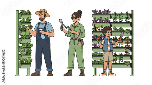 Family working in vertical garden, harvesting produce. Sustainable urban farming & eco-friendly lifestyle illustration.