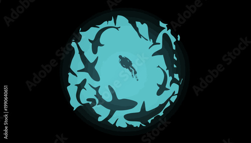A scuba diver surrounded by sharks in the dark ocean water