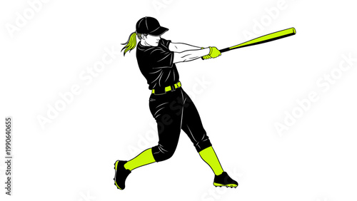 A female softball player swings a bat with dynamic motion and focus