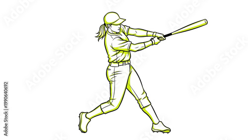 A female baseball player swings a bat with dynamic motion and focus
