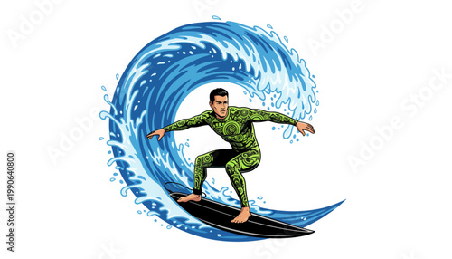 A surfer in a green wetsuit riding a large blue wave