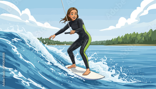 A woman in a wetsuit surfing on a wave in a serene ocean