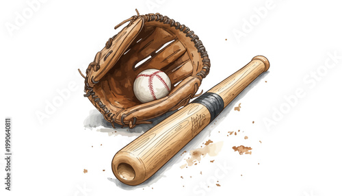 A baseball glove and bat with a ball on a white background