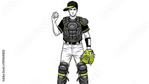 A cartoon baseball catcher in full gear stands confidently on the field