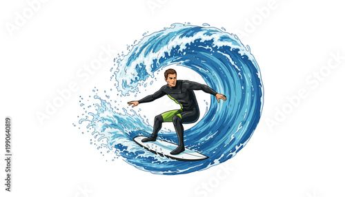 A young man surfing on a large wave in the ocean