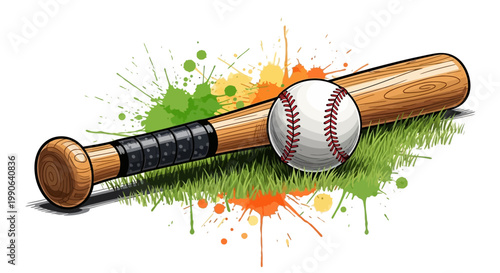 A baseball bat and ball on grass with colorful paint splatters