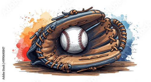 A colorful illustration of a baseball glove and ball on a white background