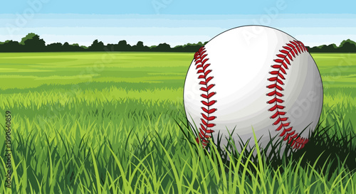 A baseball sits in a lush green field on a sunny day