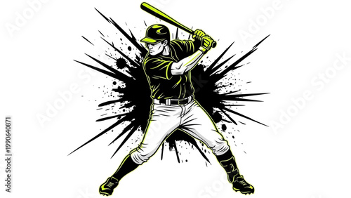 A baseball player swings a bat with explosive motion and energy