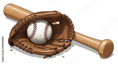 A baseball glove and bat with a ball on a white background