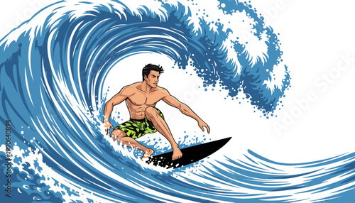 A cartoon man surfing on a large blue wave in the ocean