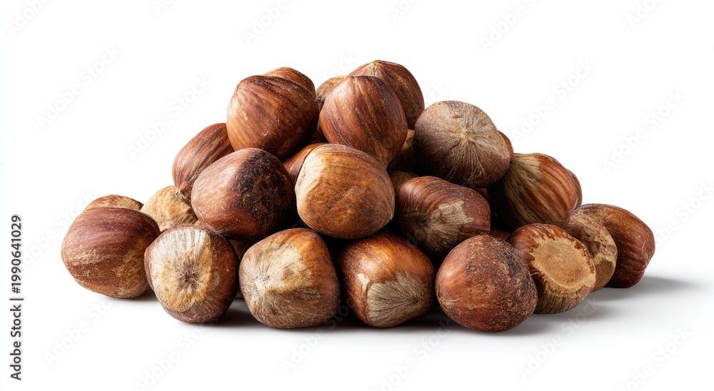 Fototapeta premium Pile of whole, uncracked hazelnuts with textured shells against a white background