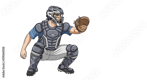 A cartoon baseball catcher in protective gear crouching and ready to catch