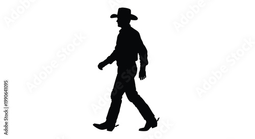 A lone cowboy walks forward in a striking black silhouette