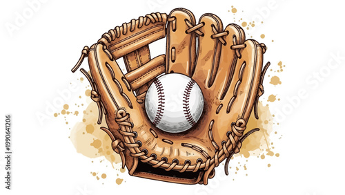 Photos A baseball glove with a ball in a brown leather mitt