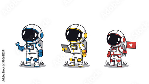 Three cartoon astronauts in colorful suits: mechanic, tech specialist, and explorer with flag