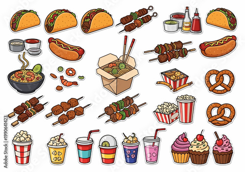 Colorful variety of fast food items.