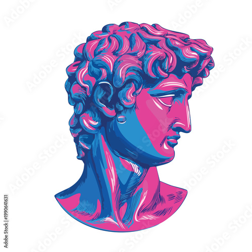 Stylized artistic illustration of a classical sculpture bust with vibrant colors