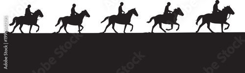 Sequence of horse rider silhouettes showing motion progression, equestrian movement stages, galloping horse with rider vector illustration isolated on white background