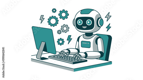 A robot sits at a desk typing on a computer with gears and lightning bolts around it.
