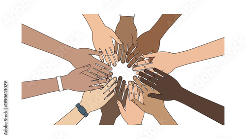 Many diverse people put their hands together in a circle for unity and teamwork.
