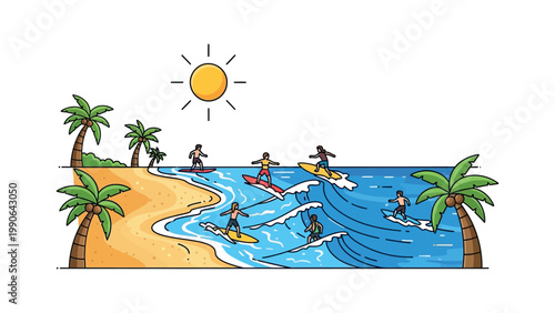 People surfing on waves at a tropical beach with palm trees and sunny weather.