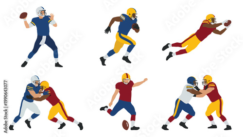 American Football Player Actions Vector Set: Throwing, Running, Kicking, Tackling, Catching Game Illustrations
