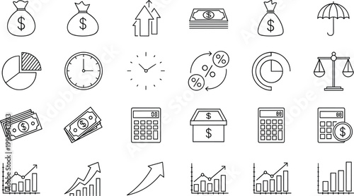 Finance economics business icons, investment growth money bag, banking institution building dollar, profit chart upward arrow, currency exchange balance scale illustration