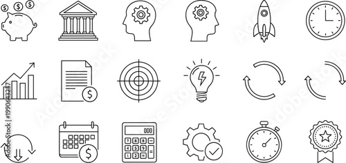 Business finance productivity icons, innovation startup rocket symbols, teamwork collaboration gears graphics, global operations calendar dollar design, success achievement medal star illustration