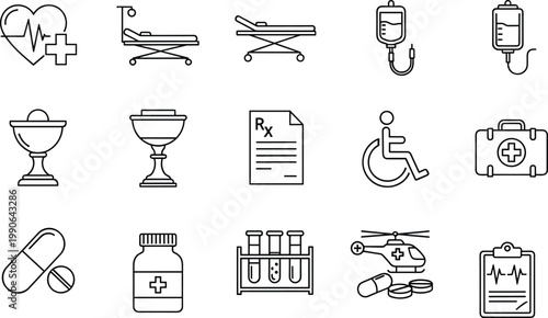 Healthcare medical emergency icons, hospital medicine symbols, patient care graphics, diagnostics prescription illustration, laboratory test tube design, medical helicopter clipboard heartbeat