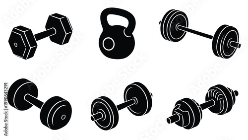 Black and White Weightlifting Equipment Icons Set. Dumbbells, Kettlebell, Barbells for Gym & Fitness.