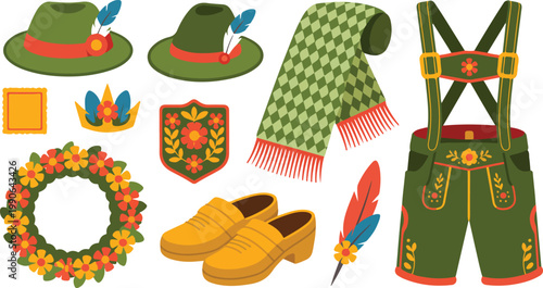 Traditional German folklore costume set with green jacket alpine hat lederhosen suspenders and wooden clogs for Oktoberfest festival celebration and cultural events flat vector illustration
