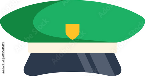 Green military beret featuring a golden shield insignia on a white background