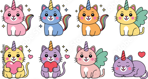 Cartoon retail store and shop facade collection featuring a popcorn cart gift box and colorful storefronts with striped awnings for small business and commercial street flat vector illustration