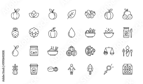 Healthy food and bodybuilding icons - nutrition and fitness with line art food icon nutrition label bodybuilding nutrition wellness supplements capsules vitamins strength training pictogram